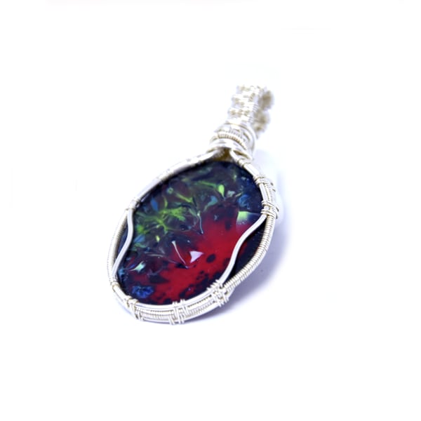 Enamel wire wrapped pendant; multi-medium pendant; hand made gift; multi colour 