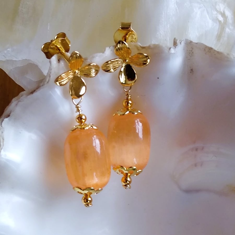 Orange Selenite Gemstone Gold Flower Dangle Stud Earrings