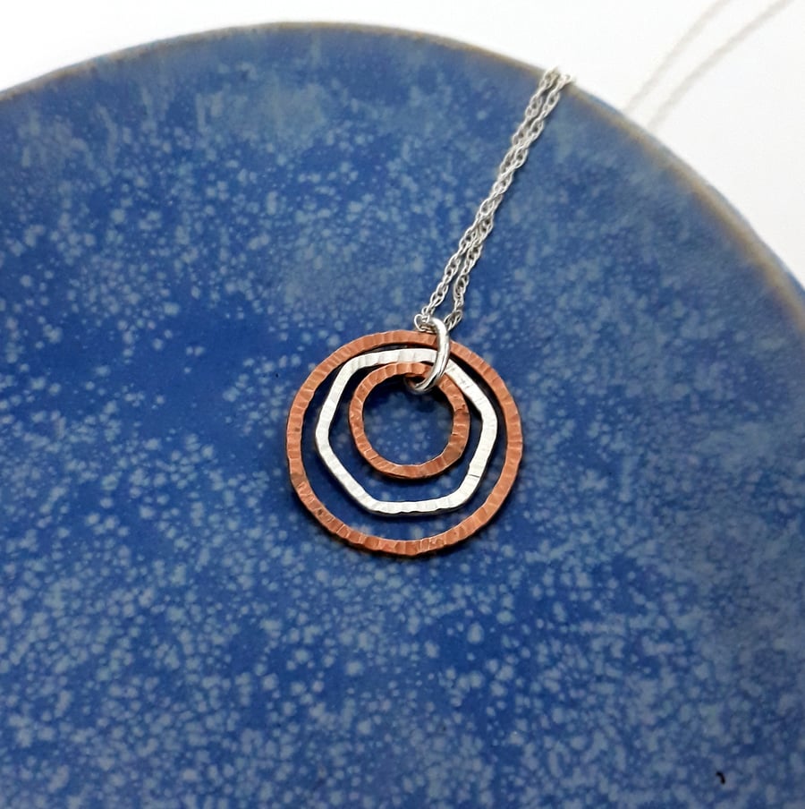 Mixed Metal Triple Ring Necklace in Sterling Silver and Copper