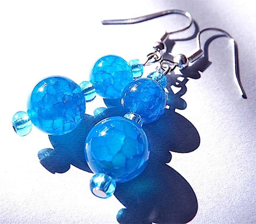 Earrings for pierced ears, stunning cyan blue agate gem stone dangle.