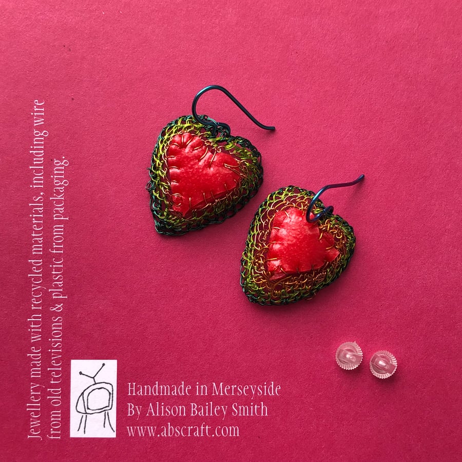 Heart earrings made from a repurposed red exercise ball & wire with niobium hook
