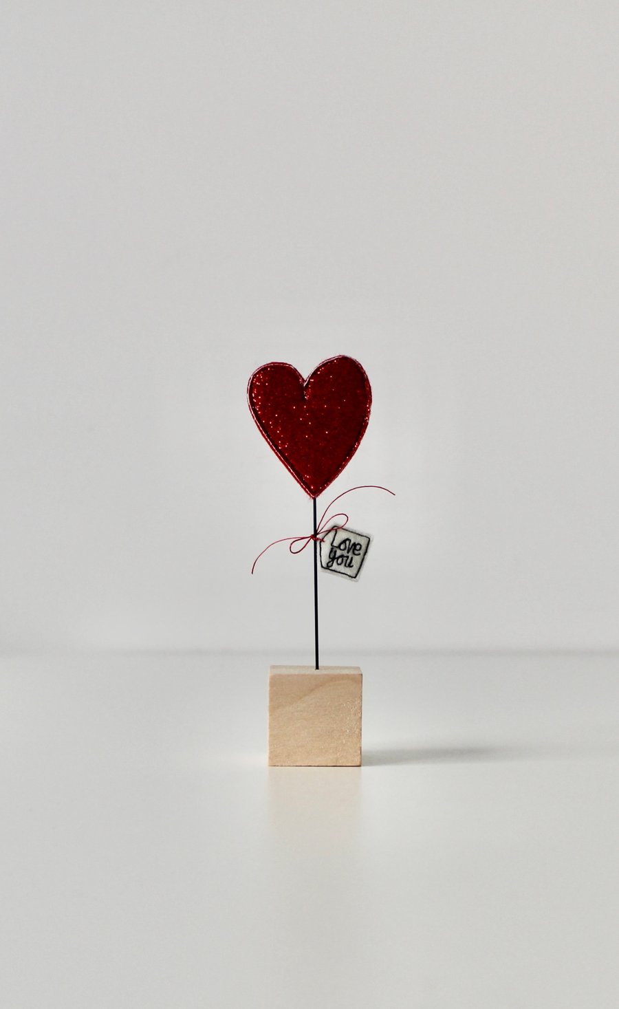'Love You' - Heart with a Wire Stem and Wooden Block