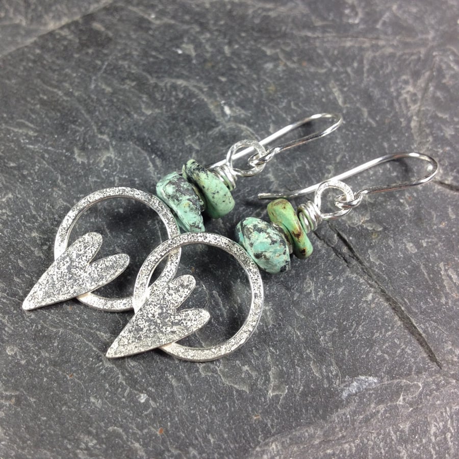 Silver heart earrings with African turquoise love tokens