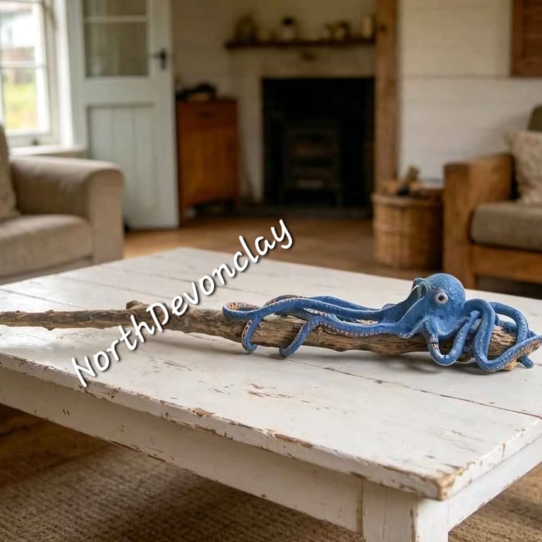 Blue Octopus Sculpture on Long Devon Driftwood — Handmade Clay