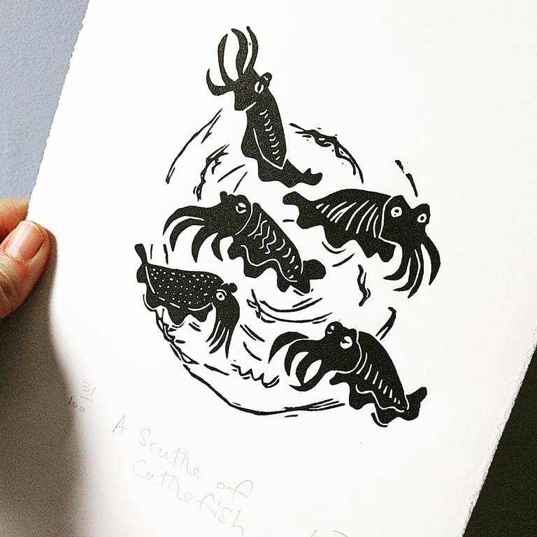 Scuttle of Cuttlefish - lino cut print