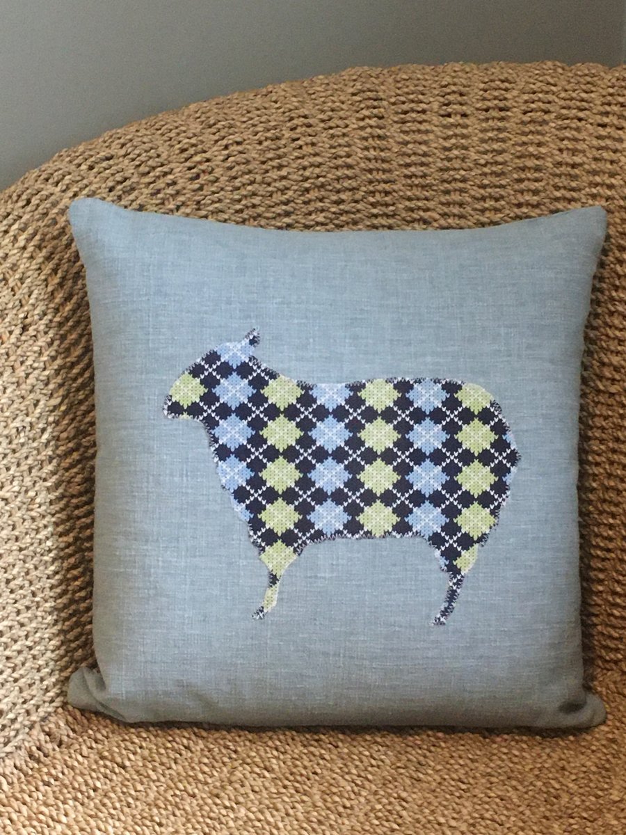Handprinted & appliquéd cushion 'Knitted' Sheep