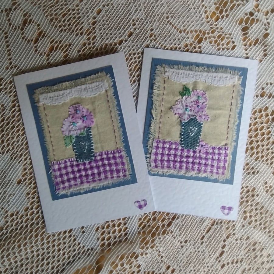 2 x Purple Flowers Textile Greeting Cards - Vase of Flowers - Hand-Stitched 
