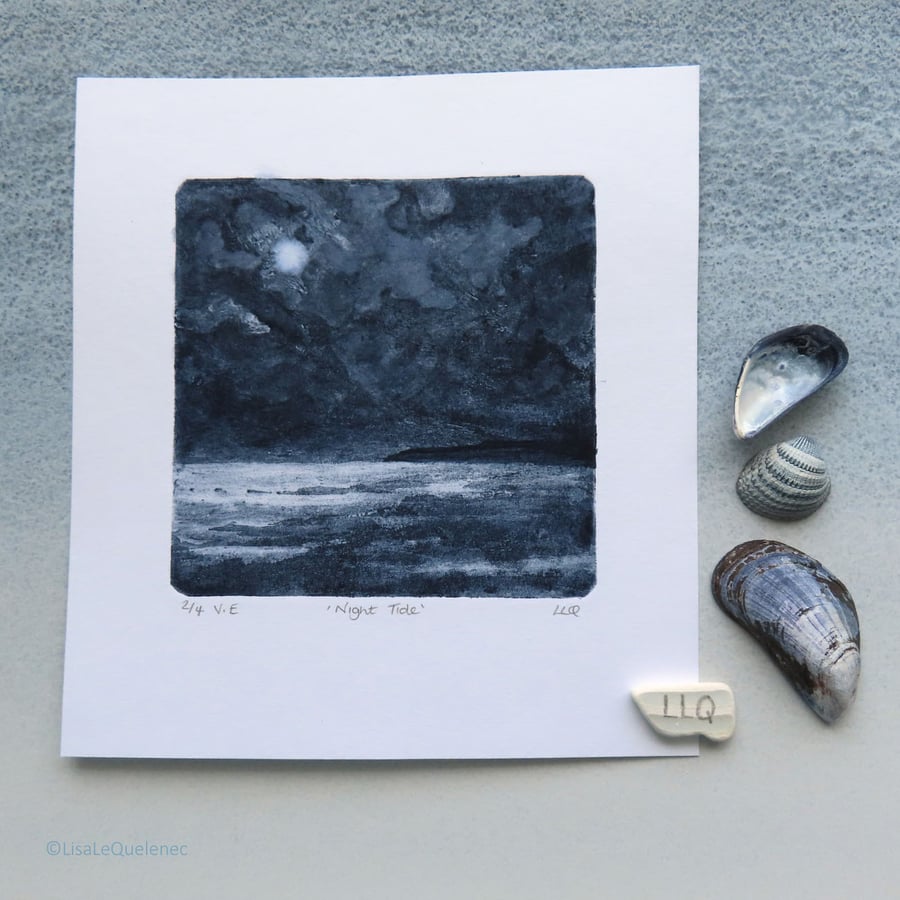 Night Tide collagraph monoprint no.2 in a varied edition moonlit beach