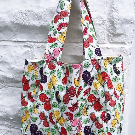 White Shoulder Bag, Floral Print Shopping Bag, Eco Friendly Reusable Cotton Bag