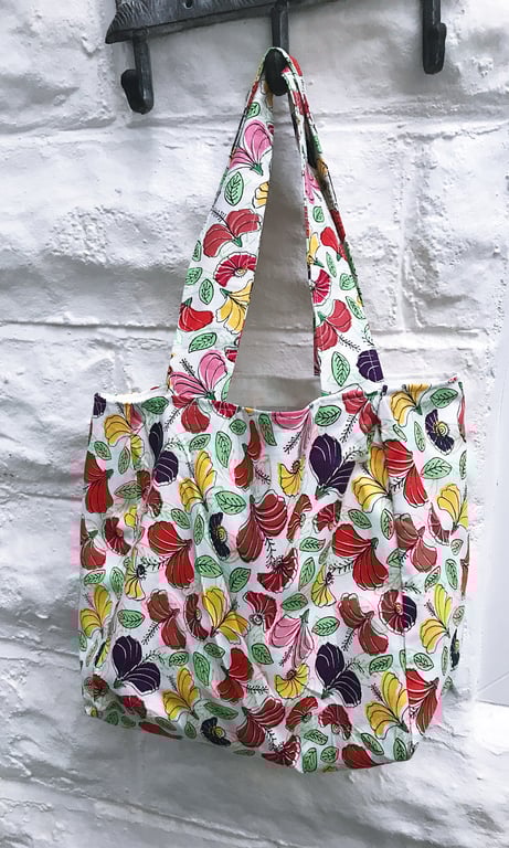 White Shoulder Bag, Floral Print Shopping Bag, Eco Friendly Reusable Cotton Bag