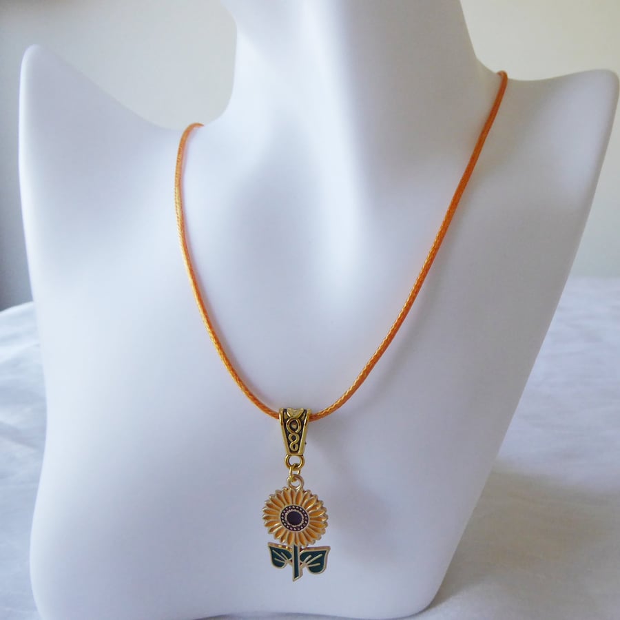 Sunflower and Leaves Enamelled Pendant with Orange Adjustable Cord