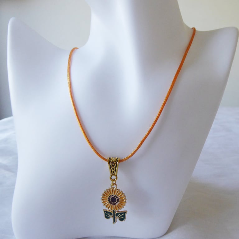 Sunflower and Leaves Enamelled Pendant with Orange Adjustable Cord