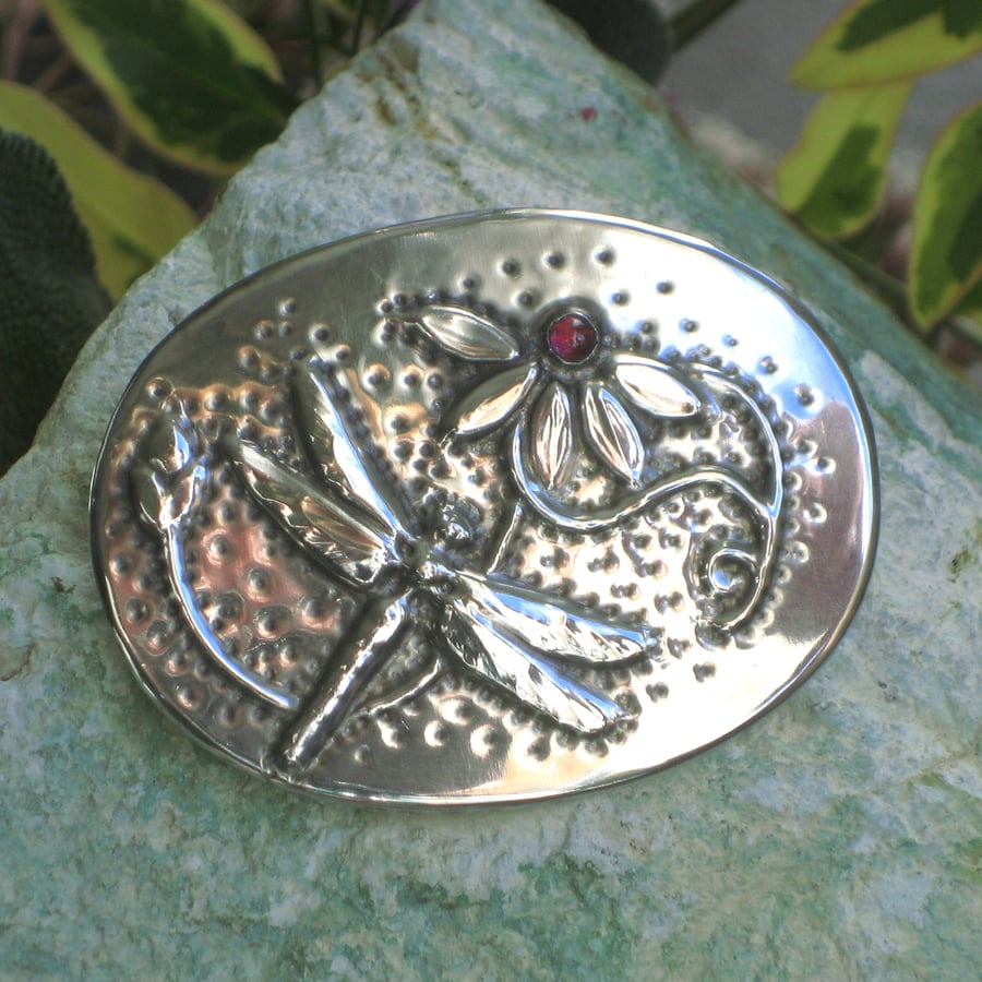 Dragonfly Garnet Pewter Brooch