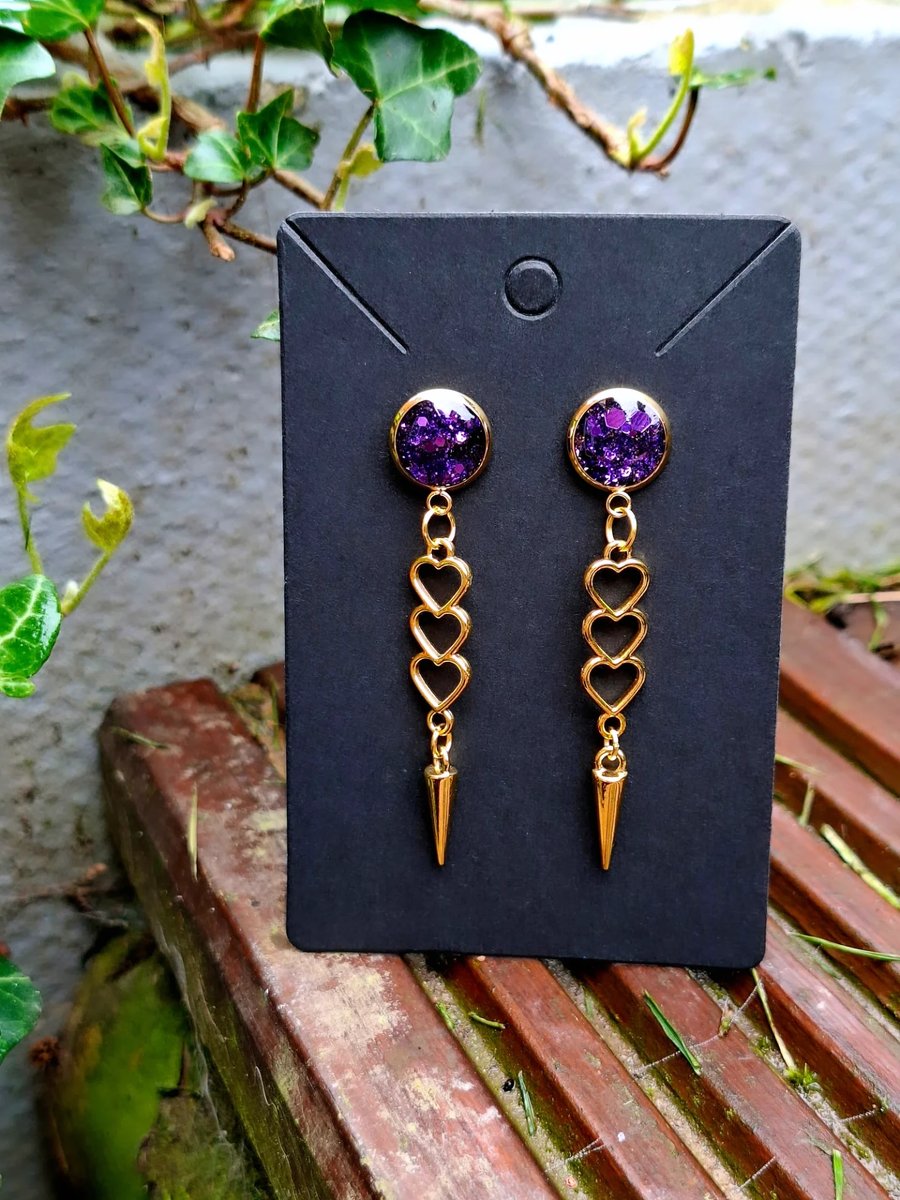 Gothic purple glitter heart dangly earrings punk emo vibes