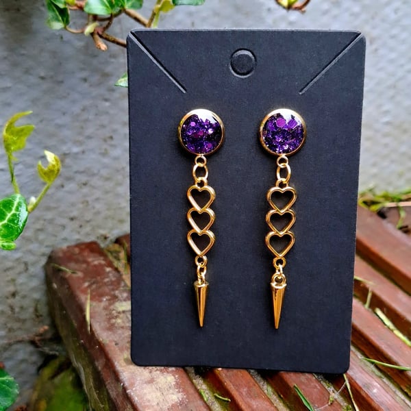 Gothic purple glitter heart dangly earrings punk emo vibes