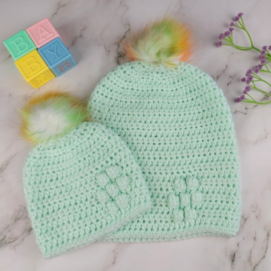 Matching Mum and Baby Crochet Hats, Pastel Green Pom Pom Beanie Set 