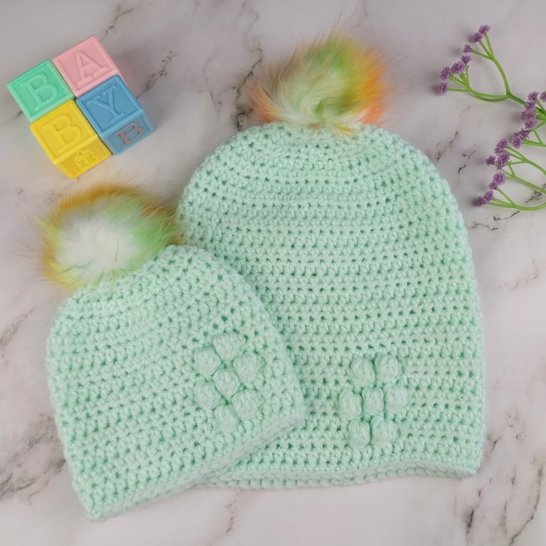 Matching Mum and Baby Crochet Hats, Pastel Green Pom Pom Beanie Set 