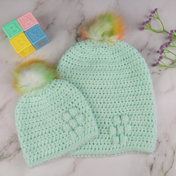 Matching Mum and Baby Crochet Hats, Pastel Green Pom Pom Beanie Set 