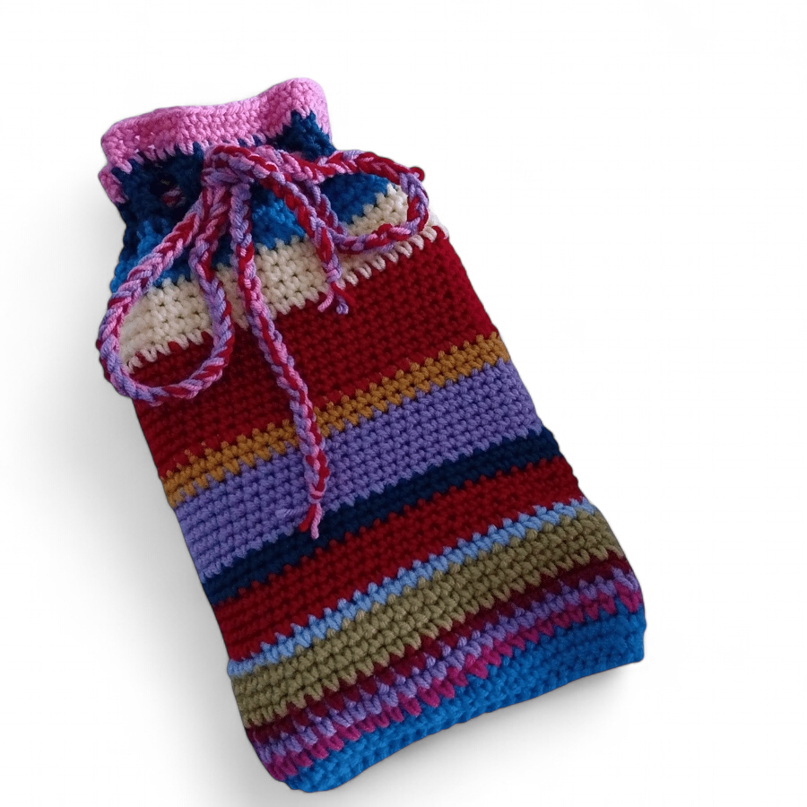Cosy Crocheted Hot Water Bottle Cover, Drawstring Closure, Random Stripes 