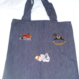 blue denim embroidered cloth bag