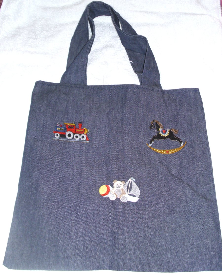 blue denim embroidered cloth bag