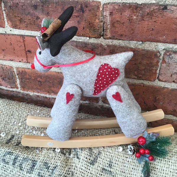 Beige Marl White Stars Rocking Reindeer Ornament