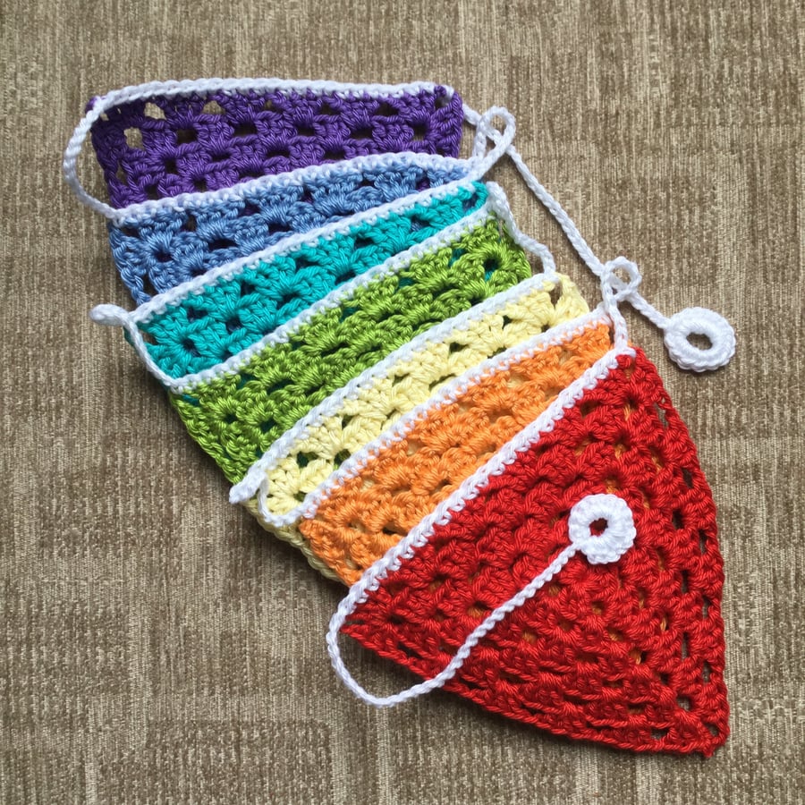Crochet Bunting in the Colours of the Rainbow.