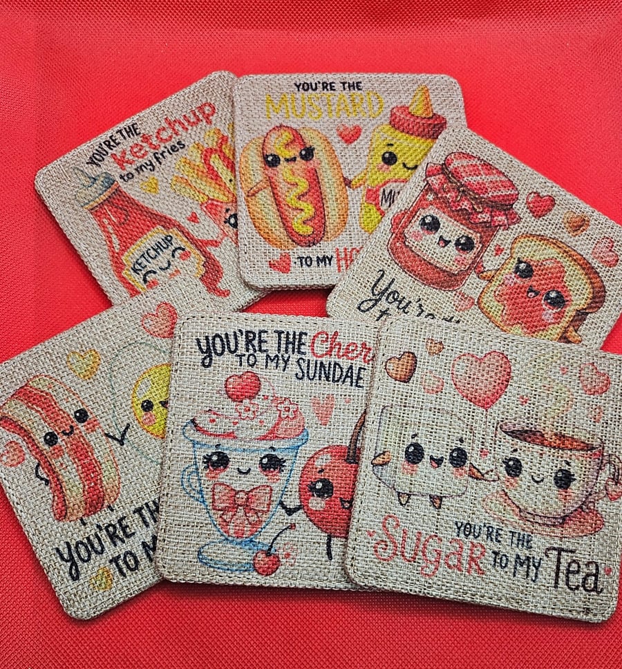 Set of 6 Cute Food-Themed Coasters – Burlap Fabric – Fun & Unique Gift!
