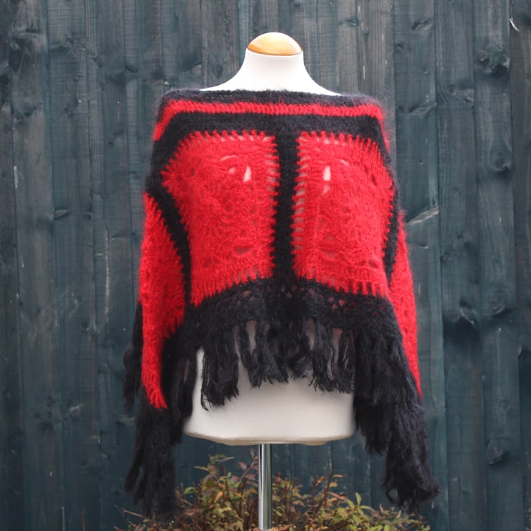 Black and Red Mohair Crochet Poncho - Design A452