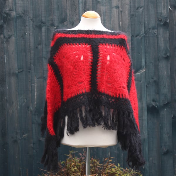 Black and Red Mohair Crochet Poncho - Design A452