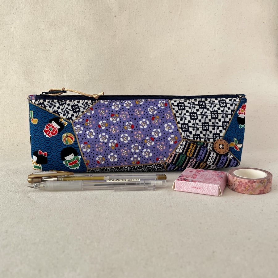 Pencil Case Japanese Fabric Patchwork Kimono Dolls