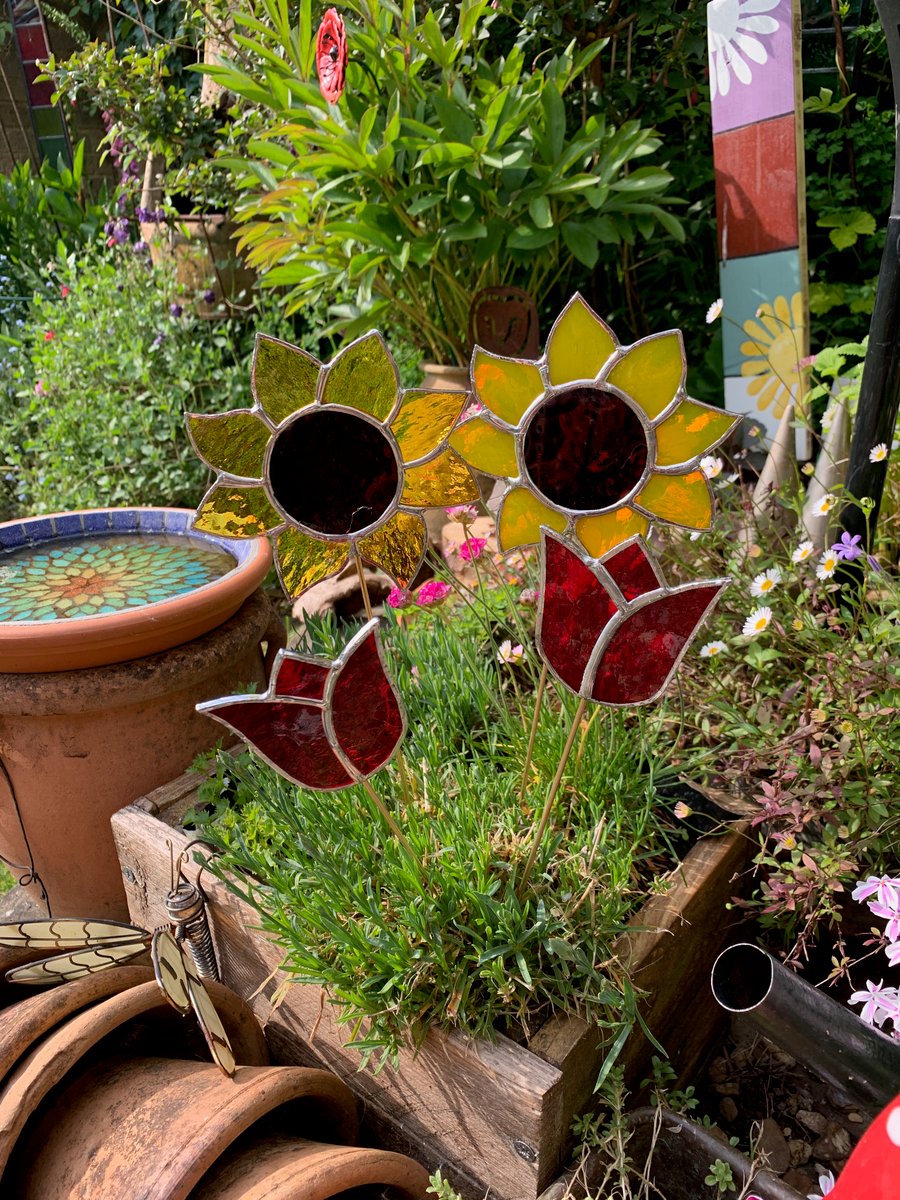 Stained  Glass Sunflower Stake - To Order - Handmade Plant Pot Decoration