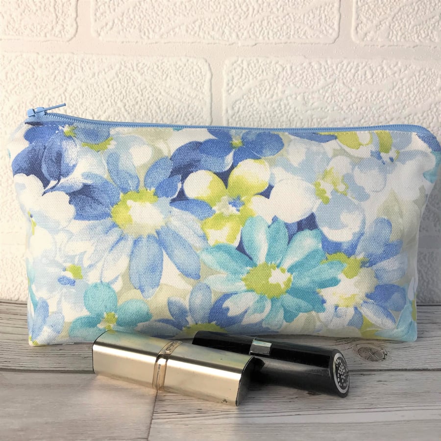 Floral make up bag, cosmetic bag in blue, turquoise and green pastel shades