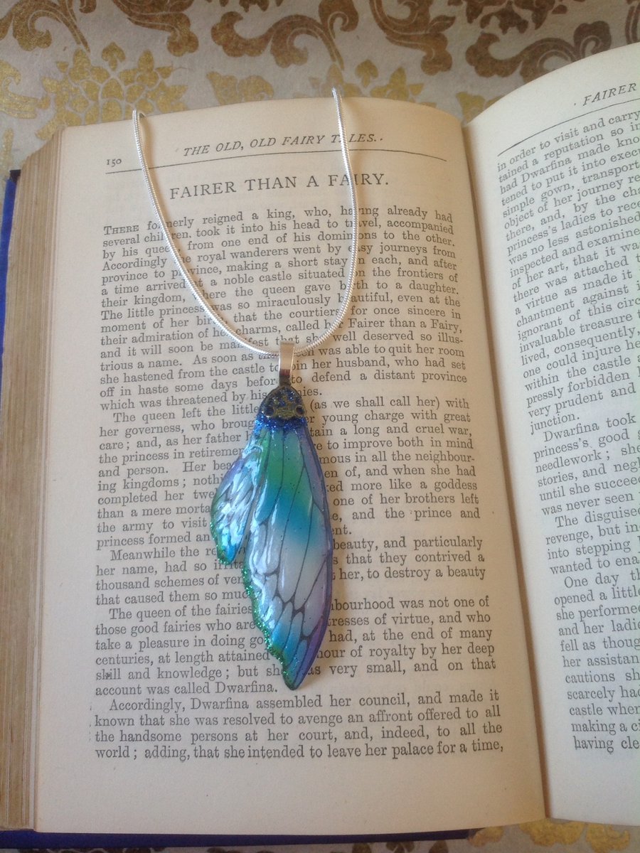 Blue and Green Double Fairy Wing Sterling Silver Necklace Fairy Ball Sparkle