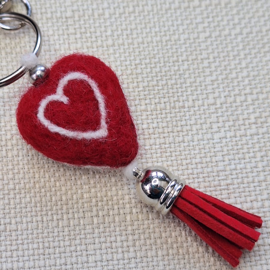 Needle Felted Reversible Red and White Heart Keychain (Keyring) with Tassel