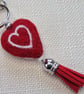 Needle Felted Reversible Red and White Heart Keychain (Keyring) with Tassel