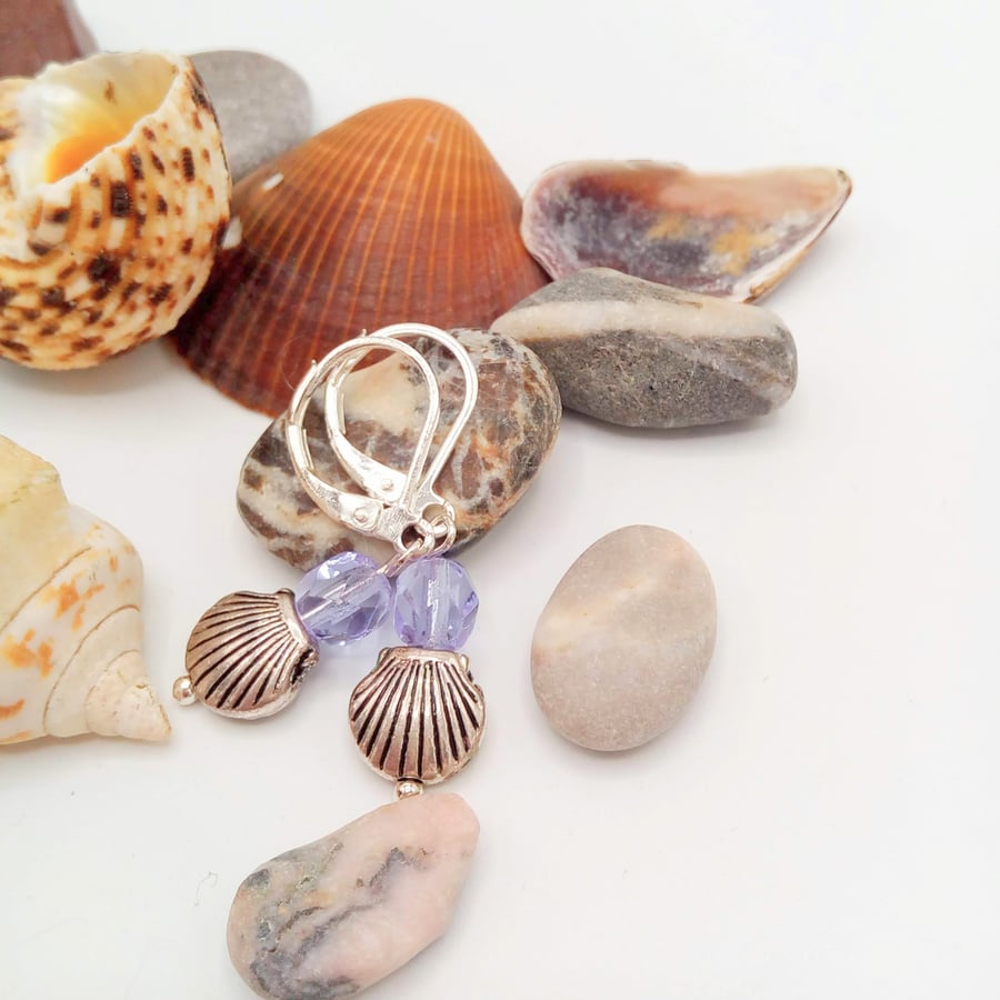 Silver Clam Shell and Lilac Glass Crystal Lever Back Earrings, Gift for Her