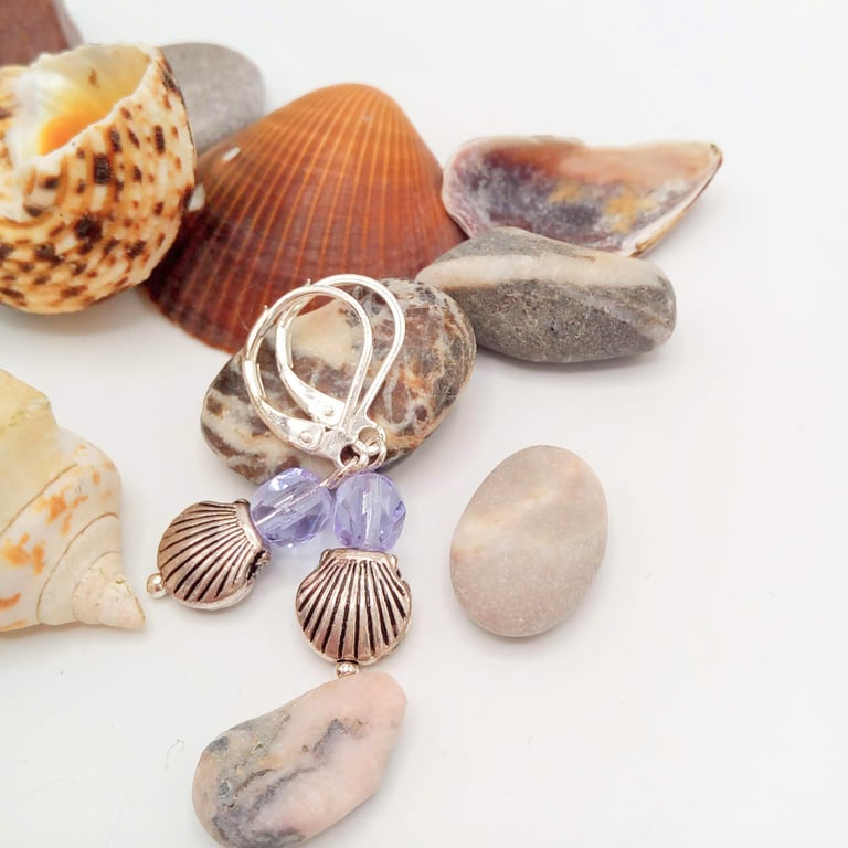 Silver Clam Shell and Lilac Glass Crystal Lever Back Earrings, Gift for Her