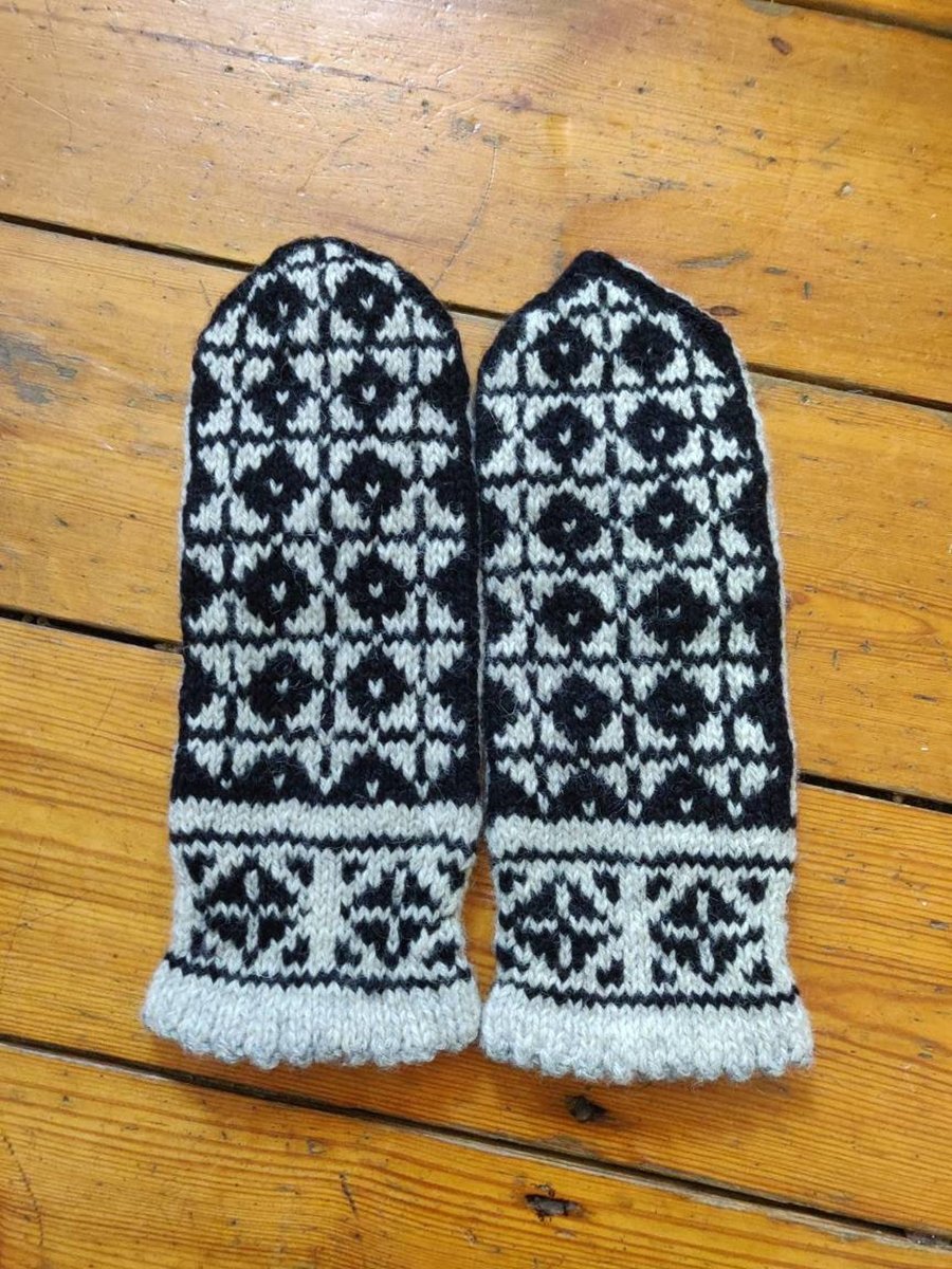 Hand knit black grey wool mittens geometric fairisle patterned unisex