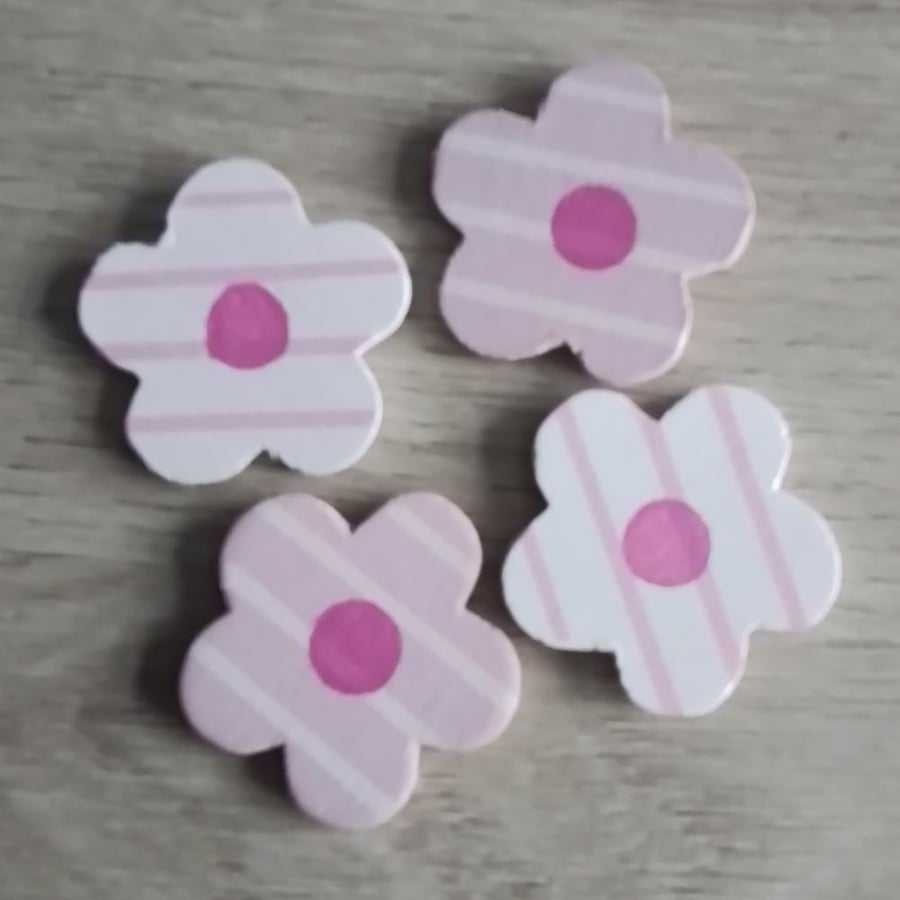 Set of 4 Striped Pink & White Flowers, Fridge Magnets, Office Magnets