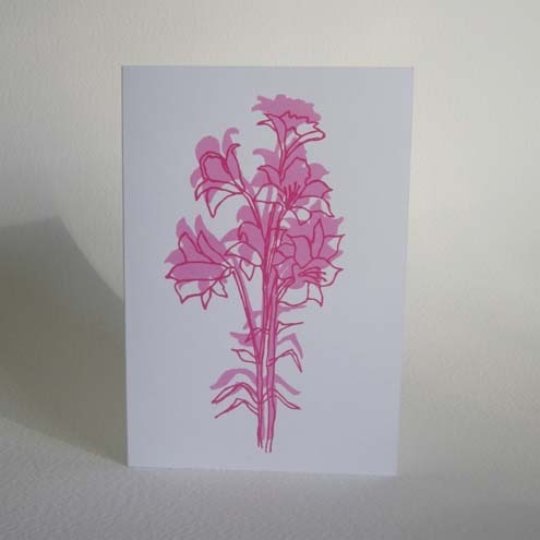 Hand screen printed card - 'Florentine Lilies' pink, magenta