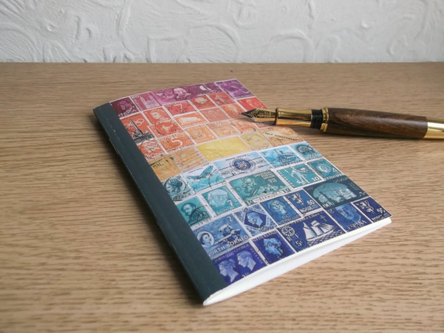 Postage Stamp Art A6 Notebook - Orange Blue - Choice of pages