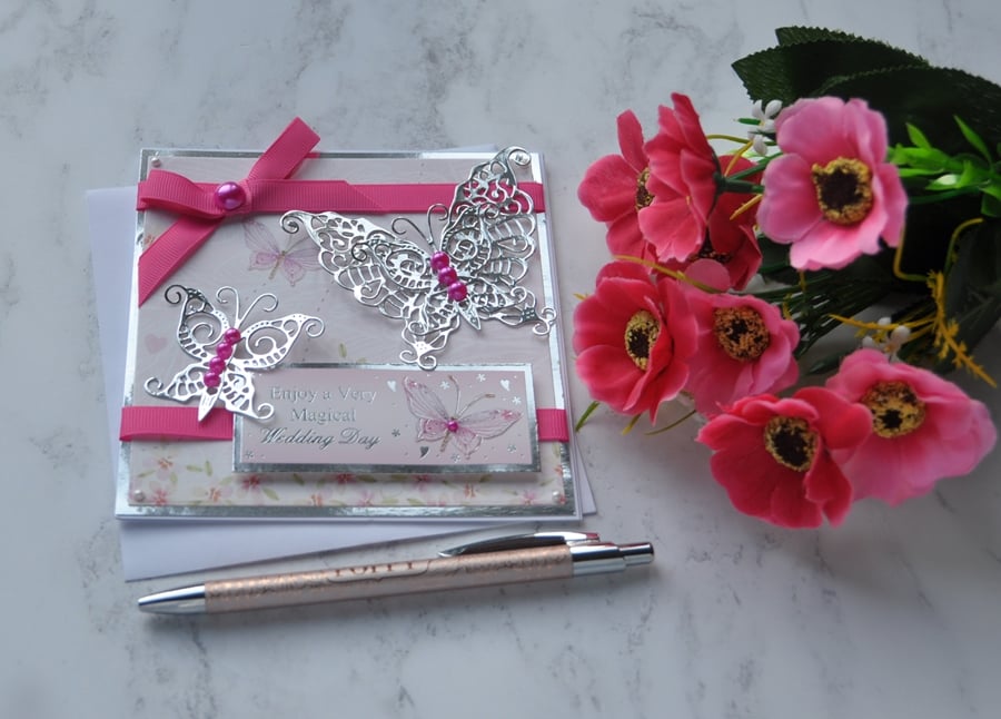 Wedding Card Enjoy a Magical Wedding Silver Butterflies 3D Luxury Handmade Card