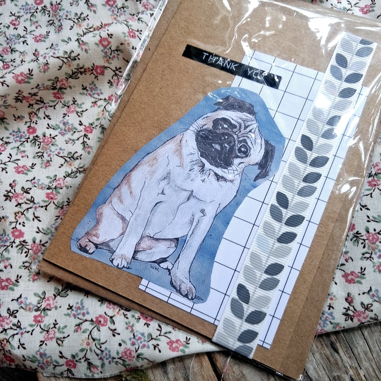 watercolour print greeting card handmade- no 2 pug
