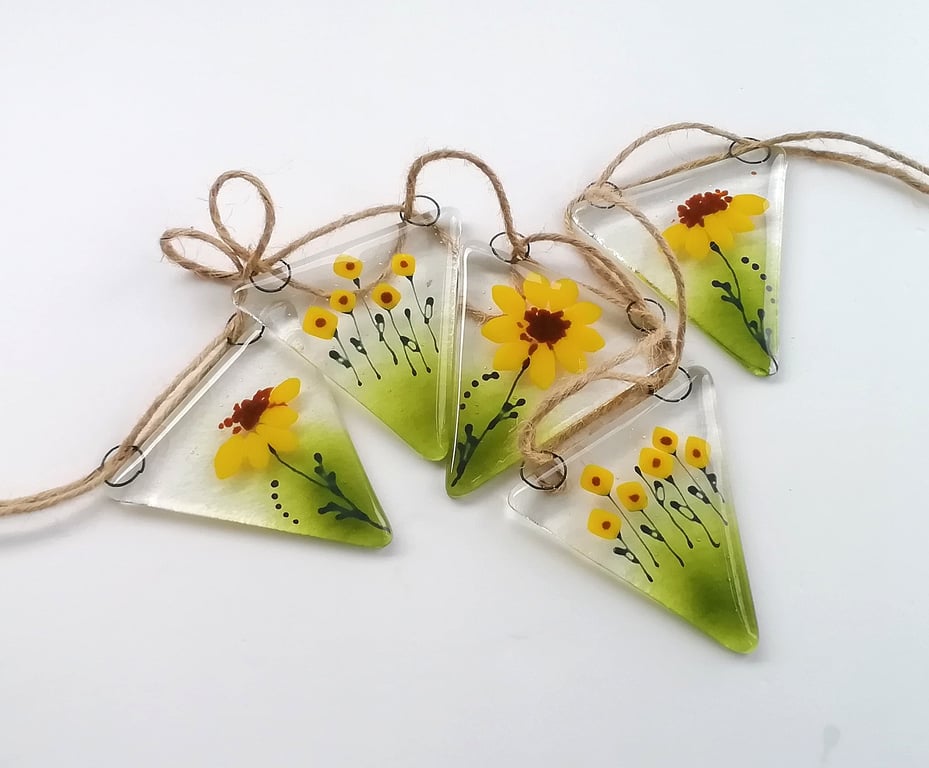 Sunflower fused glass bunting, garden art, gift for home. 