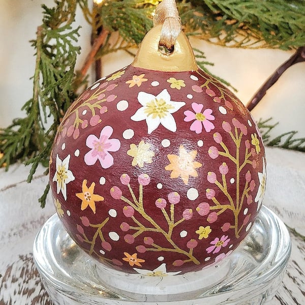 Hand Painted Burgundy Christmas Flower Bauble 