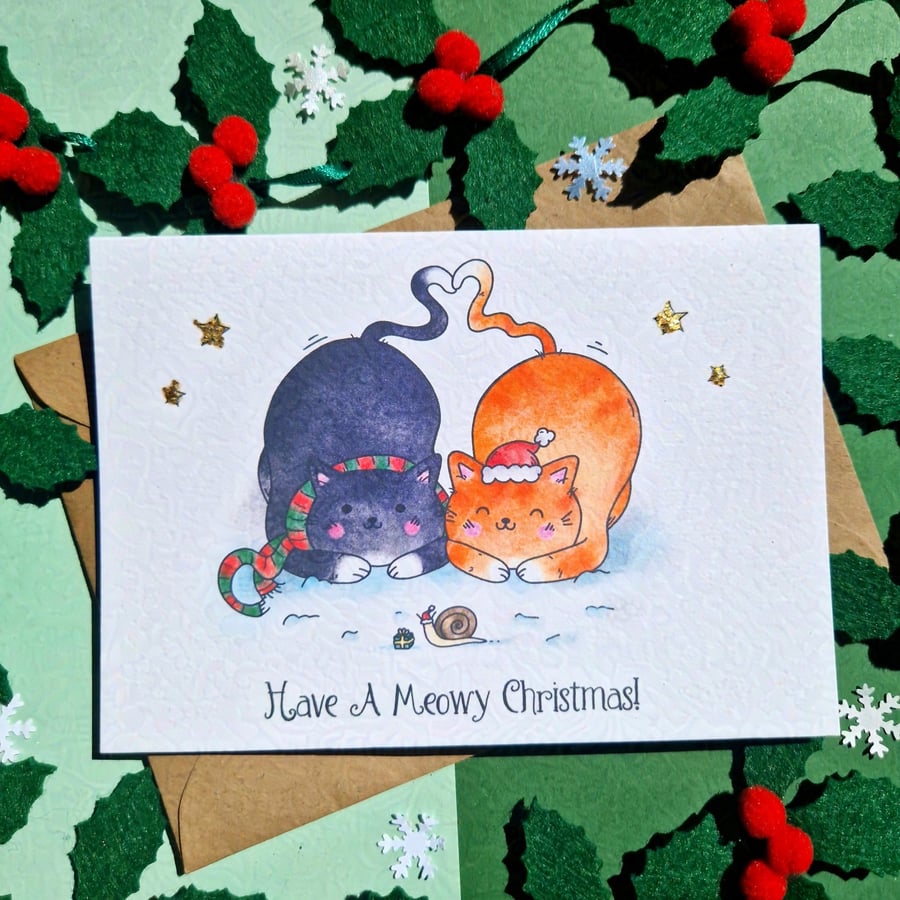 Cat merry Christmas card, Ginger cat black cat, From the cat, Meowy Christmas!