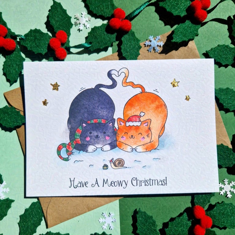 Cat merry Christmas card, Ginger cat black cat, From the cat, Meowy Christmas!