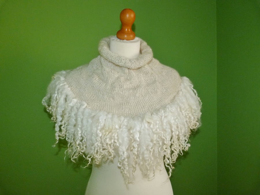 Cowl with Roll Neck and Wensleydale Lock Trim made from handspun yarn. Hand knit
