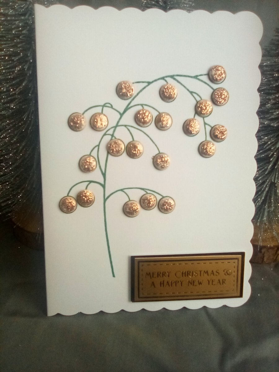 White and copper berry branch handmade Christmas card